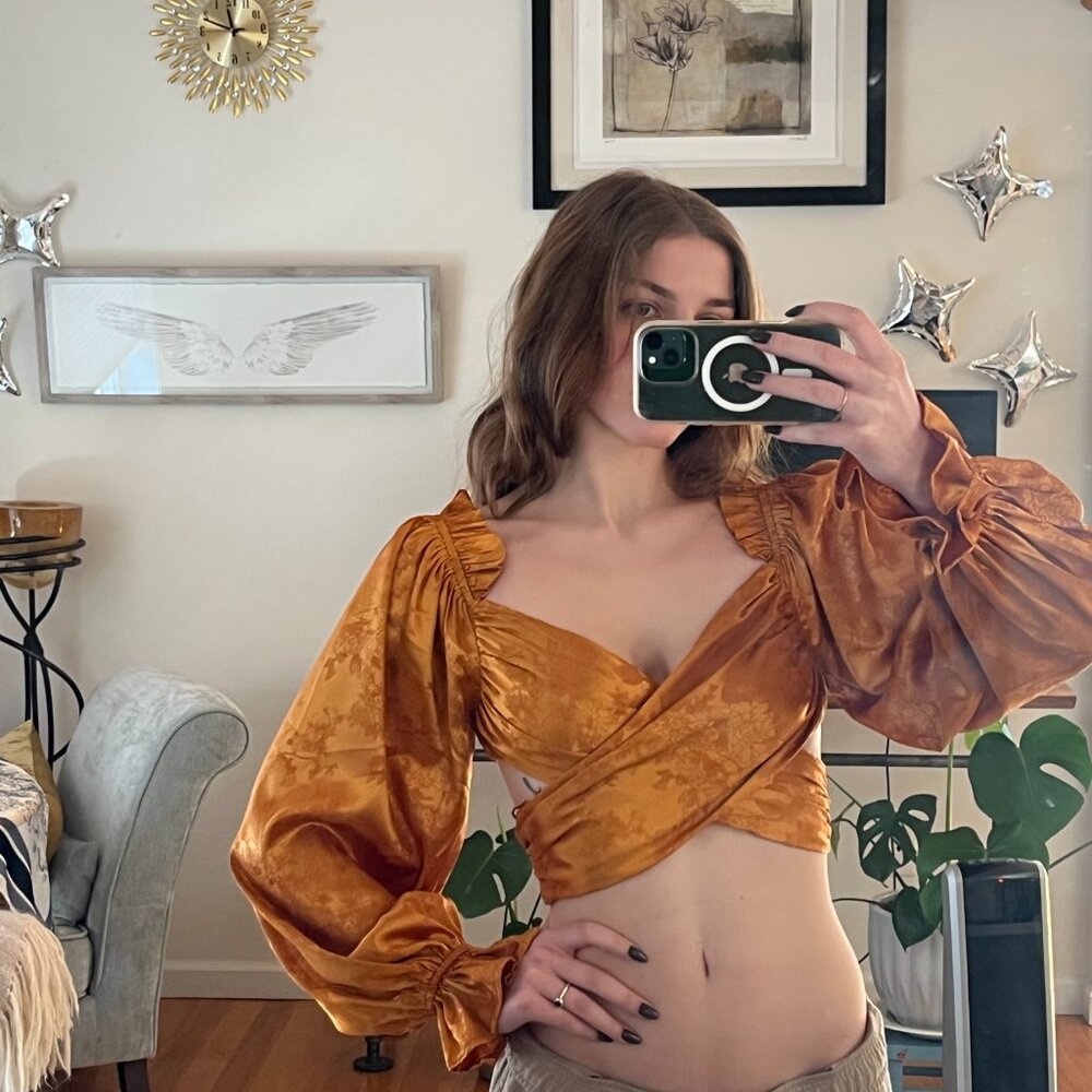Fashion Nova Silky Cropped Blouse with Cut Outs